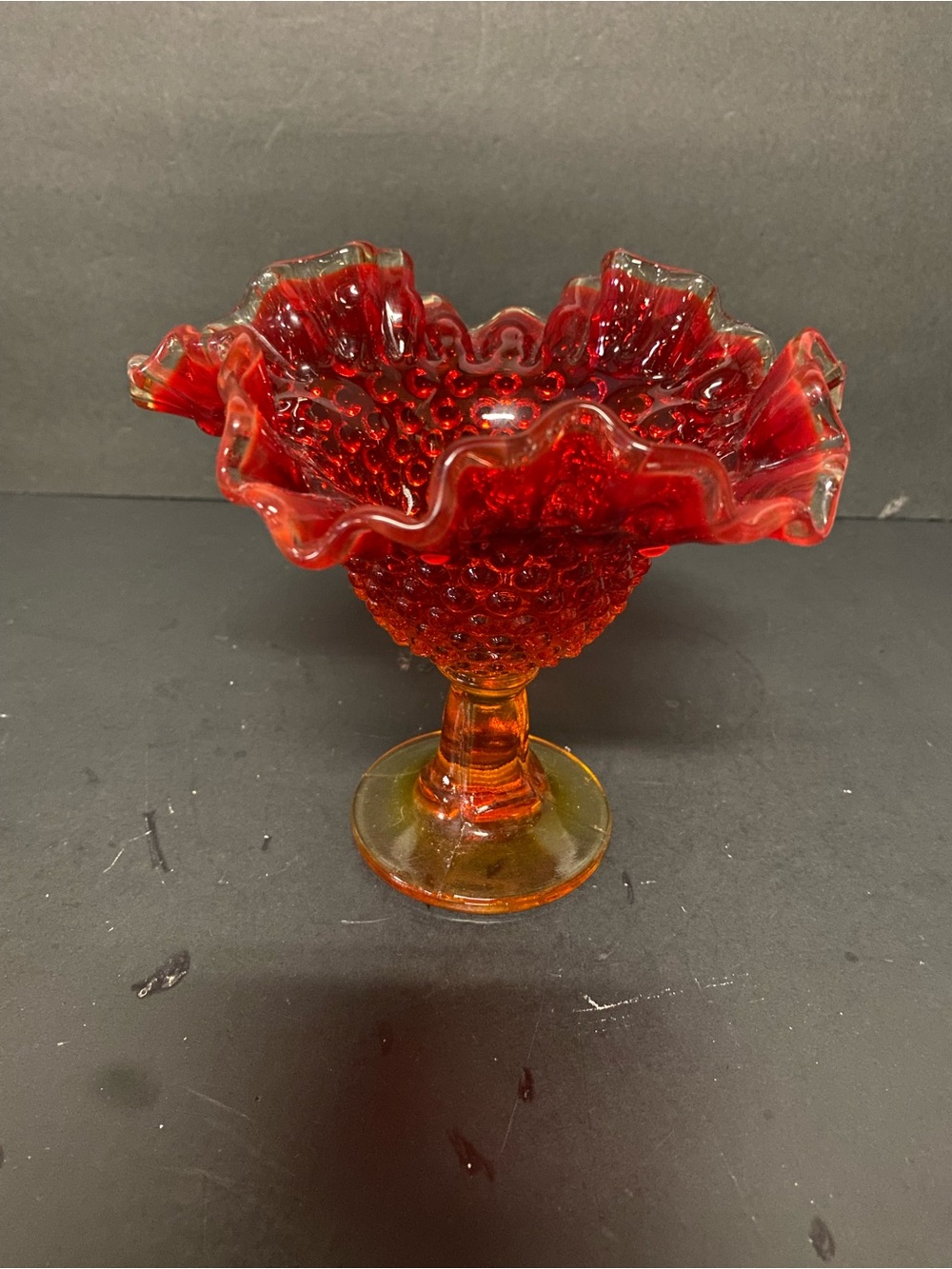 Victorian-Style Ruffled Hobnail Compote - Red/Amber Glowing Dish